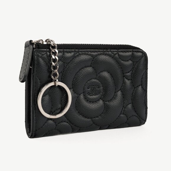 Chanel Black Caviar Leather Camellia-Embossed Key Holder - Picture 1 of 12